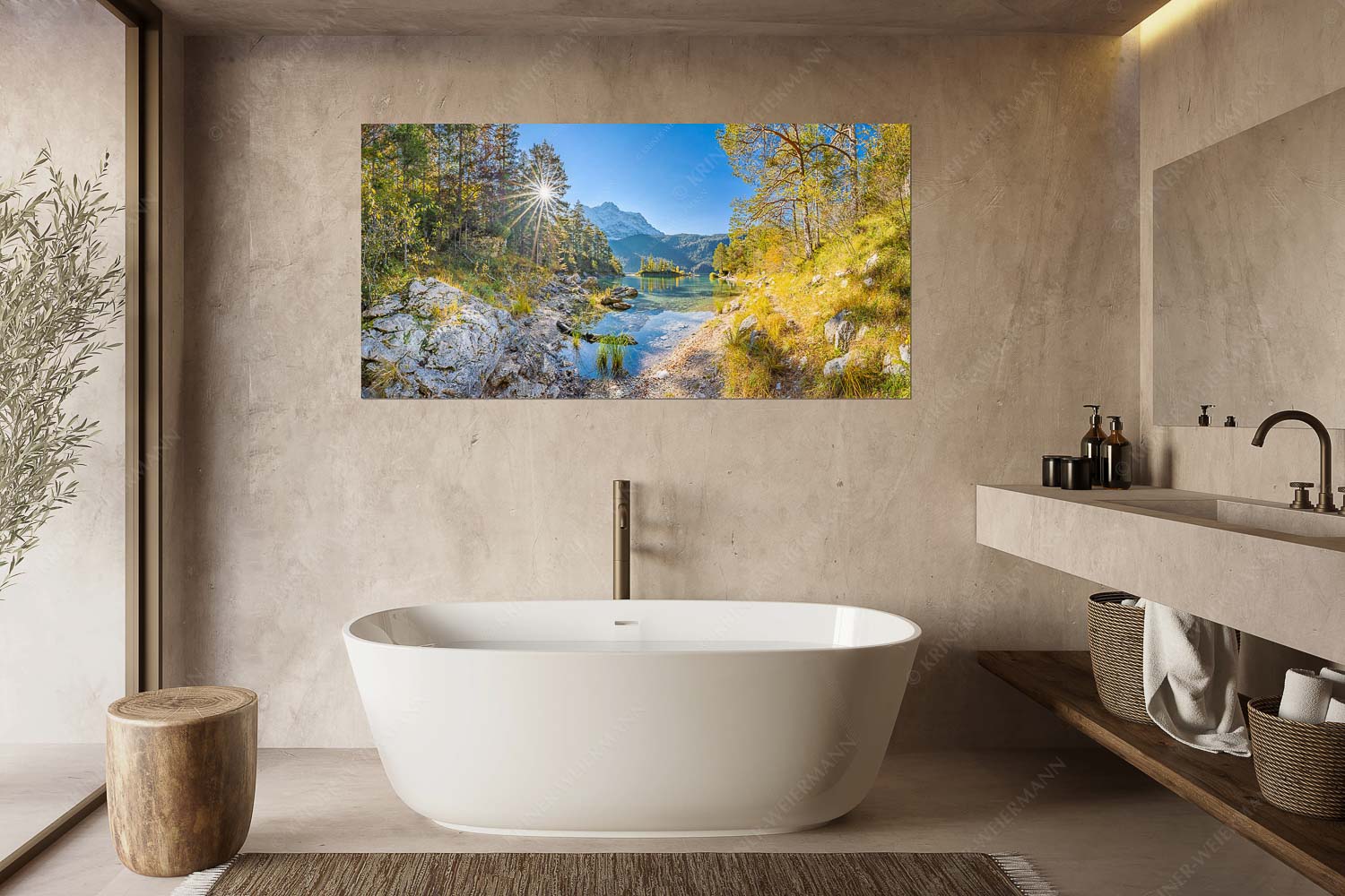 Zugspitzstern – Größe ca. 180x90cm, Seitenverhältnis 2:1 — Eibsee mit Zugspitze Blick über Eibsee zur aufgehenden Sonne an der Zugspitze - Zugspitzstern - Größe ca. 180x90cm, Seitenverhältnis 2:1 - Eibsee mit Zugspitze - weitere Infos unter https://www.kriner-weiermann.de