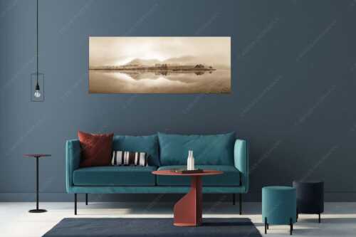 Einzigartige Morgenstimmung mit Licht und Nebel am Schmalensee bei Sonnenaufgang - Zwielicht - Größe ca. 175x70cm, Seitenverhältnis 2,5:1 - Schmalensee mit Soierngebirge - weitere Infos unter https://www.kriner-weiermann.de