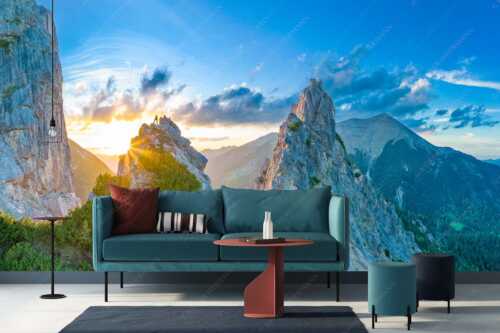 Blick aus dem Karwendel in den Sonnenuntergang und zur Soiernspitze - Zwischengipfel - Größe ca. 400x200cm, Seitenverhältnis 2:1 - Bergsteiger im Karwendel - weitere Infos unter https://www.kriner-weiermann.de