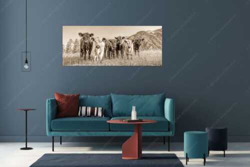 Jungvieh in Leutasch mit Wetterstein im Hintergrund - 6er Bande - Größe ca. 175x70cm, Seitenverhältnis 2,5:1 - Junge Kälber auf Blumenwiese - weitere Infos unter https://www.kriner-weiermann.de