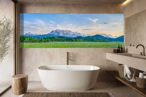Panoramablick auf das Soiern-, Karwendel-, Wetterstein und Estergebirge - Alle im Blick - Größe ca. 300x100cm, Seitenverhältnis 3:1 - Soiern Karwendel Wetterstein und Estergebirge - weitere Infos unter https://www.kriner-weiermann.de