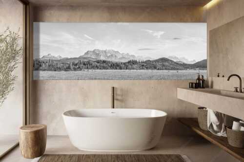 Panoramablick auf das Soiern-, Karwendel-, Wetterstein und Estergebirge - Alle im Blick - Größe ca. 300x100cm, Seitenverhältnis 3:1 - Soiern Karwendel Wetterstein und Estergebirge - weitere Infos unter https://www.kriner-weiermann.de