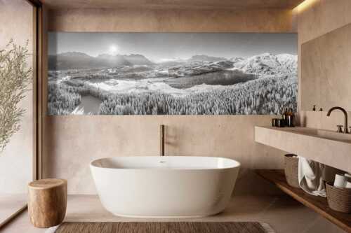 Blick über den Barmsee zum Karwendel- und Wettersteingebirge - Alles weiß am Barmsee - Größe ca. 300x100cm, Seitenverhältnis 3:1 - Winter am Barmsee - weitere Infos unter https://www.kriner-weiermann.de