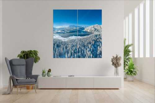 Blick über den Barmsee zum Karwendel- und Wettersteingebirge - Alles weiß am Barmsee - 4er Split, Größe ca. 180x180cm, Seitenverhältnis 1:1 - Winter am Barmsee - weitere Infos unter https://www.kriner-weiermann.de