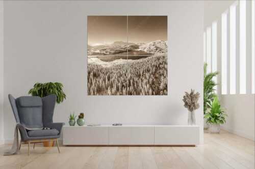 Blick über den Barmsee zum Karwendel- und Wettersteingebirge - Alles weiß am Barmsee - 4er Split, Größe ca. 180x180cm, Seitenverhältnis 1:1 - Winter am Barmsee - weitere Infos unter https://www.kriner-weiermann.de