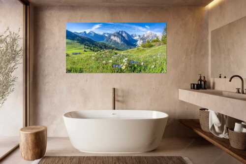 Frühlingsblumen am Almboden im Karwendelgebirge - Almbleamalan - Größe ca. 180x90cm, Seitenverhältnis 2:1 - Schusternagel Silberwurz im Karwendel - weitere Infos unter https://www.kriner-weiermann.de