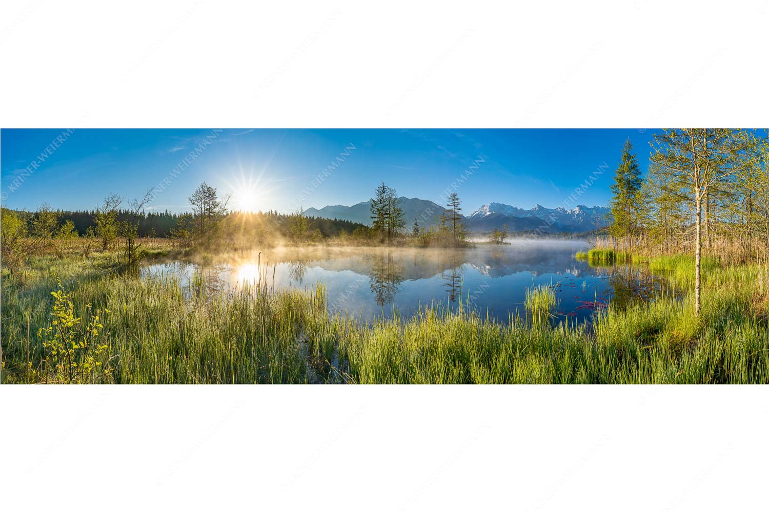 Am Barmsee – Seitenverhältnis 3:1 — Karwendelblick Sonnenaufgang am Barmsee mit Blick zum Karwendelgebirge
