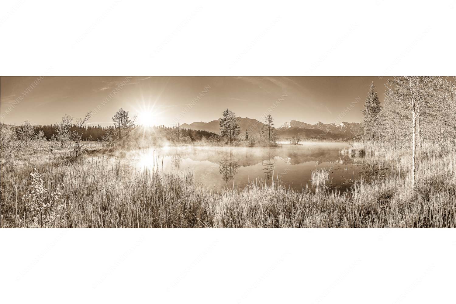 Am Barmsee – Seitenverhältnis 3:1 — Karwendelblick Sonnenaufgang am Barmsee mit Blick zum Karwendelgebirge