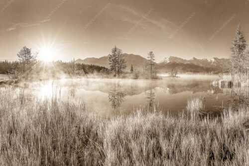 Sonnenaufgang am Barmsee mit Blick zum Karwendelgebirge - Am Barmsee - Seitenverhältnis 3:2 - Karwendelblick - weitere Infos unter https://www.kriner-weiermann.de