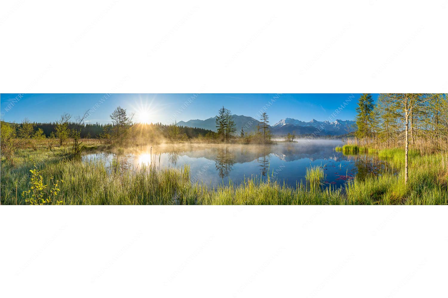 Am Barmsee – Seitenverhältnis 4:1 — Karwendelblick Sonnenaufgang am Barmsee mit Blick zum Karwendelgebirge