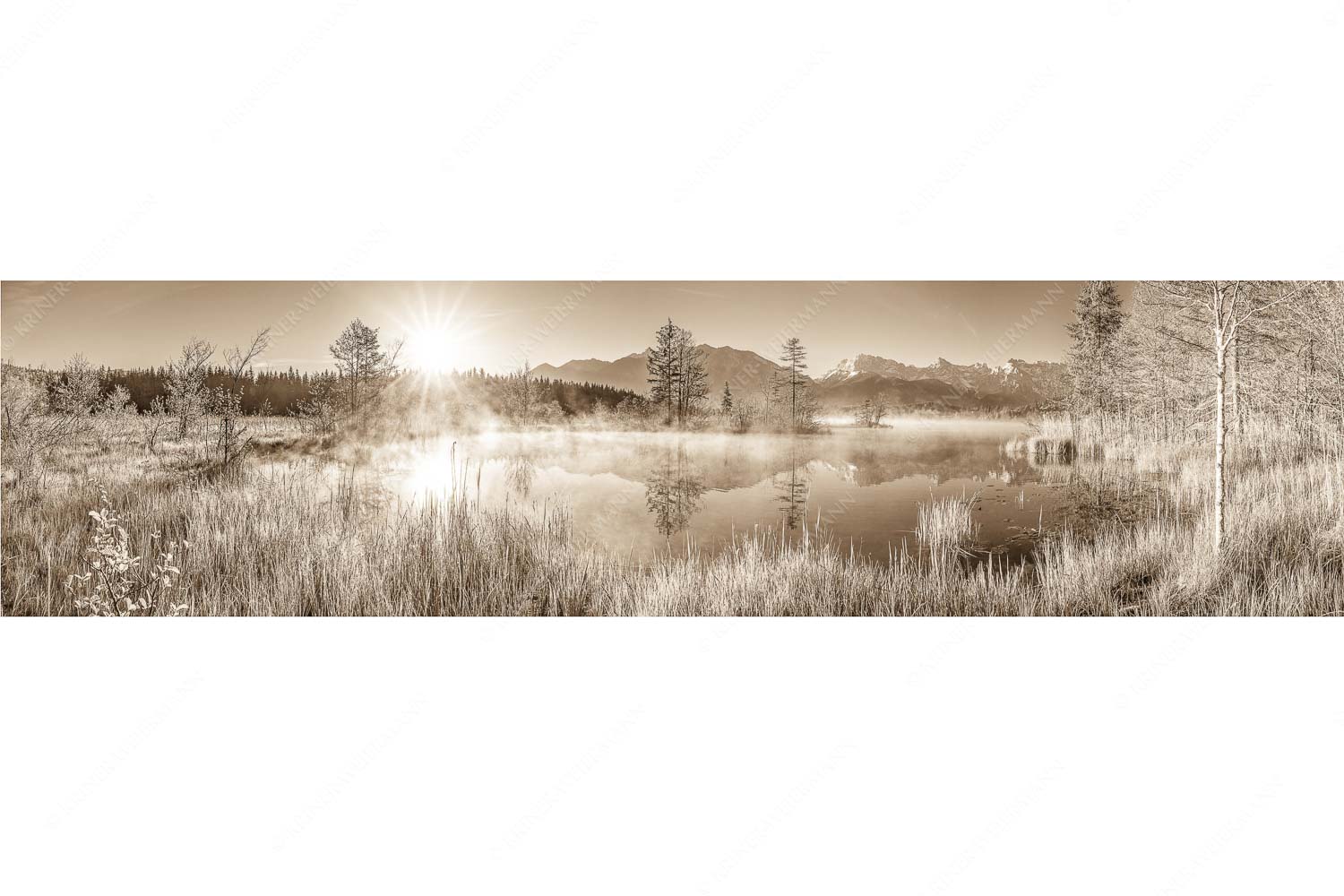 Am Barmsee – Seitenverhältnis 4:1 — Karwendelblick Sonnenaufgang am Barmsee mit Blick zum Karwendelgebirge