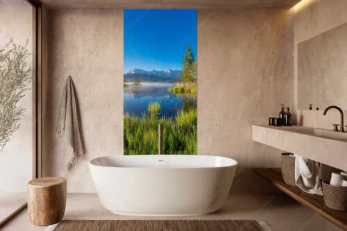 Sonnenaufgang am Barmsee mit Blick zum Karwendelgebirge - Am Barmsee - Größe ca. 100x200cm, Seitenverhältnis 1:2 - Karwendelblick - weitere Infos unter https://www.kriner-weiermann.de