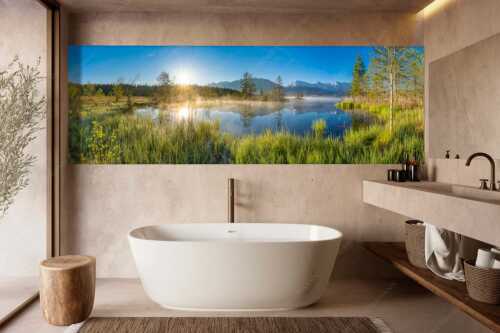 Sonnenaufgang am Barmsee mit Blick zum Karwendelgebirge - Am Barmsee - Größe ca. 300x100cm, Seitenverhältnis 3:1 - Karwendelblick - weitere Infos unter https://www.kriner-weiermann.de