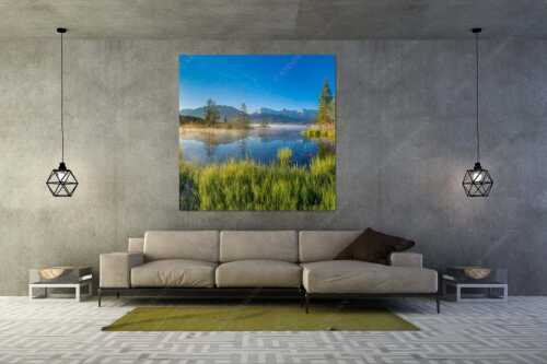 Sonnenaufgang am Barmsee mit Blick zum Karwendelgebirge - Am Barmsee - Größe ca. 160x160cm, Seitenverhältnis 1:1 - Karwendelblick - weitere Infos unter https://www.kriner-weiermann.de