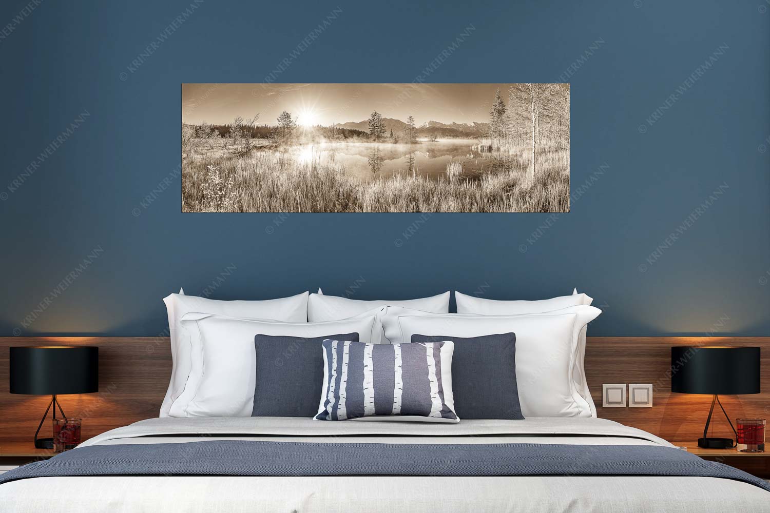 Am Barmsee – Größe ca. 180x60cm, Seitenverhältnis 3:1 — Karwendelblick Sonnenaufgang am Barmsee mit Blick zum Karwendelgebirge - Am Barmsee - Größe ca. 180x60cm, Seitenverhältnis 3:1 - Karwendelblick - weitere Infos unter https://www.kriner-weiermann.de