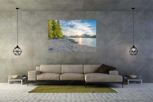 In Niedernach taucht die letzte Sonne die Landschaft noch in ein warmes Licht - Am Strand II - Größe ca. 180x120cm, Seitenverhältnis 3:2 - Herzogstand mit Walchensee - weitere Infos unter https://www.kriner-weiermann.de