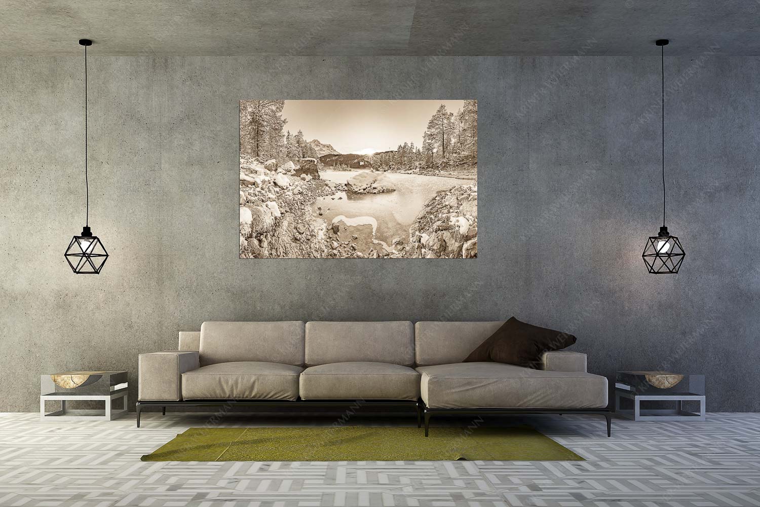 Blick über den Eibsee und Zugspitze in den Sonnenuntergang - Am zufrieren - Größe ca. 180x120cm, Seitenverhältnis 3:2 - Eis auf Eibsee mit Zugspitze - weitere Infos unter https://www.kriner-weiermann.de