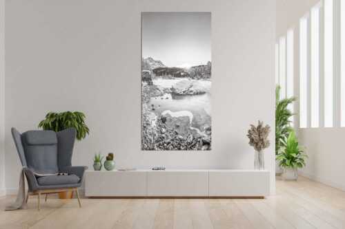 Blick über den Eibsee und Zugspitze in den Sonnenuntergang - Am zufrieren - Größe ca. 90x180cm, Seitenverhältnis 1:2 - Eis auf Eibsee mit Zugspitze - weitere Infos unter https://www.kriner-weiermann.de