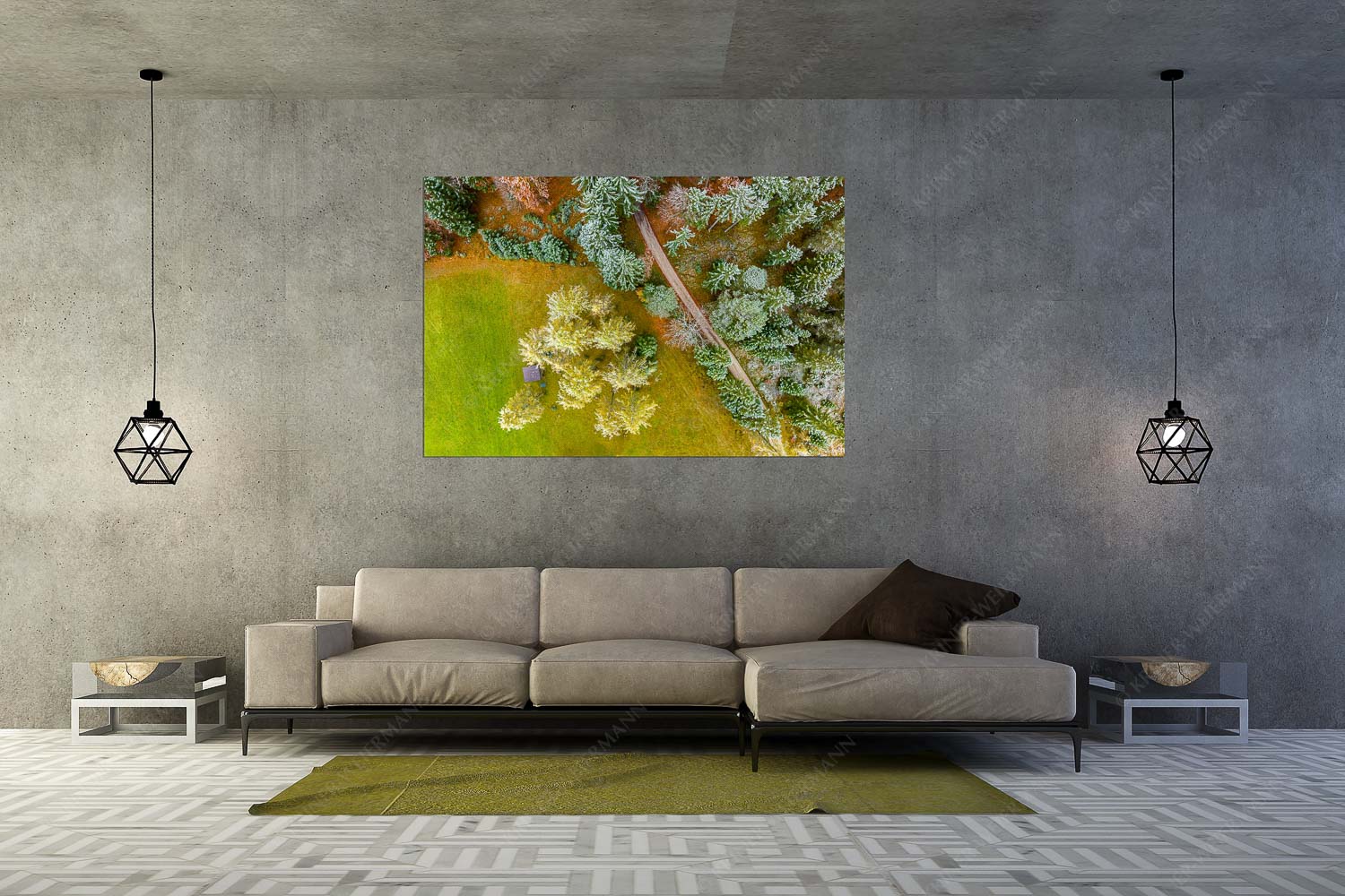 Angestaubt – Größe ca. 180x120cm, Seitenverhältnis 3:2 — Wald Draufsicht Leicht angeschneite Lärchen im Leutaschtal - Angestaubt - Größe ca. 180x120cm, Seitenverhältnis 3:2 - Wald Draufsicht - weitere Infos unter https://www.kriner-weiermann.de