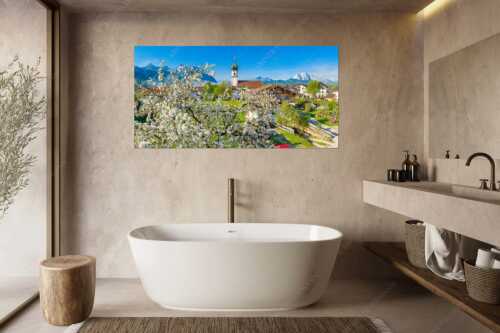 Kirche St. Sebastian in Krün mit Wetterstein- und Karwendelgebirge - Apfelblüte in Krün - Größe ca. 180x90cm, Seitenverhältnis 2 - Kirche in Krün Karwendel und Wetterstein - weitere Infos unter https://www.kriner-weiermann.de