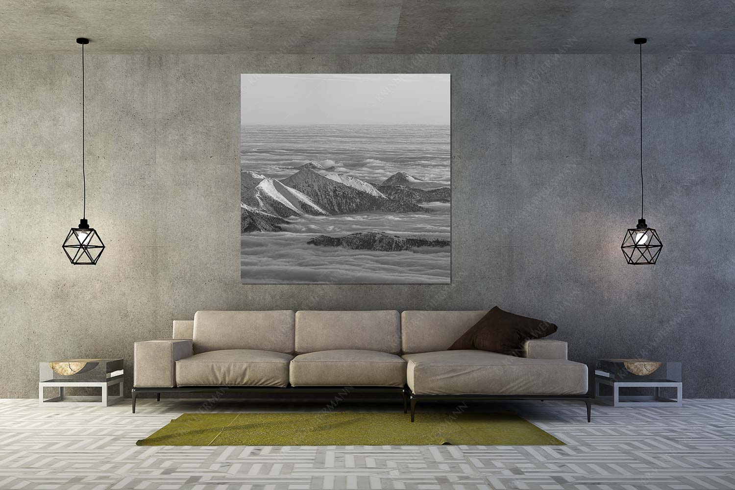 Atlantis – Größe ca. 160x160cm, Seitenverhältnis 1:1 — Estergebirge im Nebelmeer Der Blick von der Zugspitze auf das Estergebirge das wie Inseln aus dem Nebel ragt - Atlantis - Größe ca. 160x160cm, Seitenverhältnis 1:1 - Estergebirge im Nebelmeer - weitere Infos unter https://www.kriner-weiermann.de