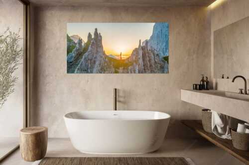 Sonnenaufgang im Halleranger im Karwendelgebirge - Auf der Spitz - Größe ca. 180x90cm, Seitenverhältnis 2:1 - Klettern Halleranger im Karwendel - weitere Infos unter https://www.kriner-weiermann.de