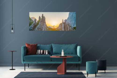 Sonnenaufgang im Halleranger im Karwendelgebirge - Auf der Spitz - Größe ca. 175x70cm, Seitenverhältnis 2,5:1 - Klettern Halleranger im Karwendel - weitere Infos unter https://www.kriner-weiermann.de
