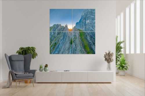 Sonnenaufgang im Halleranger im Karwendelgebirge - Auf die Spitze getrieben - 4er Split, Größe ca. 180x180cm, Seitenverhältnis 1:1 - Lafatscher Nordwand Karwendel - weitere Infos unter https://www.kriner-weiermann.de