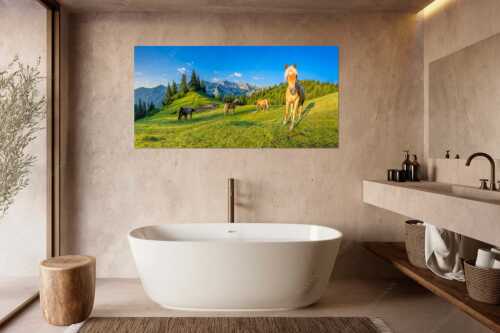 Haflinger Pferde mit Soiernspitze im Soierngebirge - Aufgeweckt - Größe ca. 180x90cm, Seitenverhältnis 2:1 - Pferde im Soierngebirge - weitere Infos unter https://www.kriner-weiermann.de