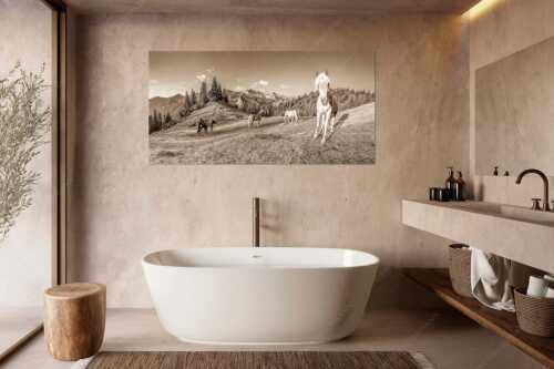 Haflinger Pferde mit Soiernspitze im Soierngebirge - Aufgeweckt - Größe ca. 180x90cm, Seitenverhältnis 2:1 - Pferde im Soierngebirge - weitere Infos unter https://www.kriner-weiermann.de