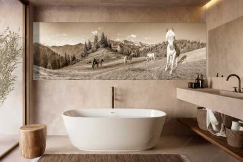 Haflinger Pferde mit Soiernspitze im Soierngebirge - Aufgeweckt - Größe ca. 300x100cm, Seitenverhältnis 3:1 - Pferde im Soierngebirge - weitere Infos unter https://www.kriner-weiermann.de