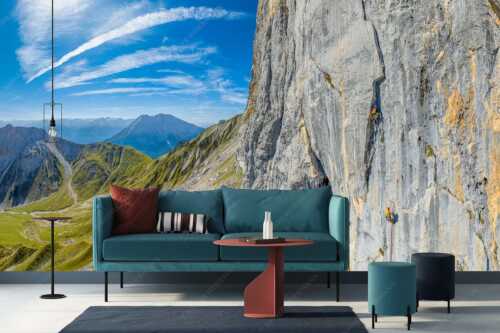 Kletterer in der Tour -Bayrischer Traum- an der Schüsselkarsüdwand im Wettersteingebirge - Bayrischer Traum - Größe ca. 400x200cm, Seitenverhältnis 2:1 - Klettern Schüsselkar Wetterstein - weitere Infos unter https://www.kriner-weiermann.de