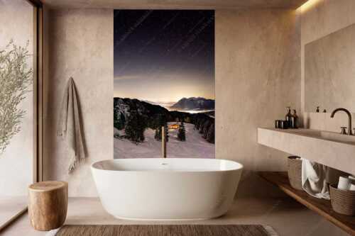Kleine Hütte im Wettersteingebirge, die Lichter aus dem Isar- und Loisachtal verschwinden im Nebel - Bei Nacht und Nebel - Größe ca. 160x240cm, Seitenverhältnis 2:3 - Loisachtal mit Sternenhimmel - weitere Infos unter https://www.kriner-weiermann.de
