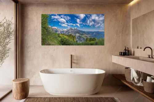 Blick über die Aussichtskanzel am Schachen zum Alpspitzmassiv mit Zugspitzplatt - Bella Vista - Größe ca. 180x90cm, Seitenverhältnis 2:1 - Aussicht vom Schachen - weitere Infos unter https://www.kriner-weiermann.de