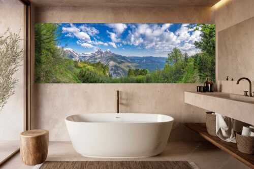 Blick über die Aussichtskanzel am Schachen zum Alpspitzmassiv mit Zugspitzplatt - Bella Vista - Größe ca. 300x100cm, Seitenverhältnis 3:1 - Aussicht vom Schachen - weitere Infos unter https://www.kriner-weiermann.de