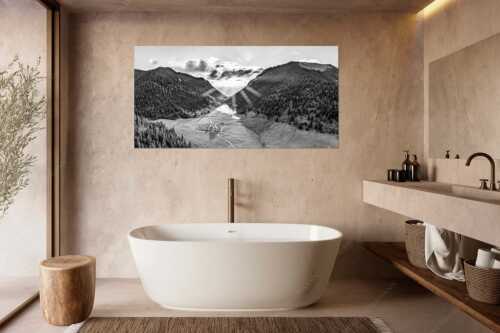 Blick über Esterbergalm und Esterbergsee in den Sonnenuntergang - Bergoase - Größe ca. 180x90cm, Seitenverhältnis 2:1 - Esterbergalm - weitere Infos unter https://www.kriner-weiermann.de