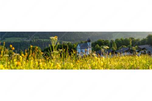 Blumenwiese mit Kirche St. Anna in Wamberg - Blumenwiese Wamberg - Seitenverhältnis 4:1 - Kirche und Blumen - weitere Infos unter https://www.kriner-weiermann.de