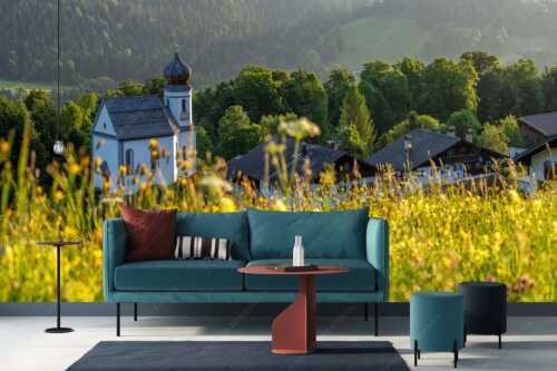 Blumenwiese mit Kirche St. Anna in Wamberg - Blumenwiese Wamberg - Größe ca. 400x200cm, Seitenverhältnis 2:1 - Kirche und Blumen - weitere Infos unter https://www.kriner-weiermann.de