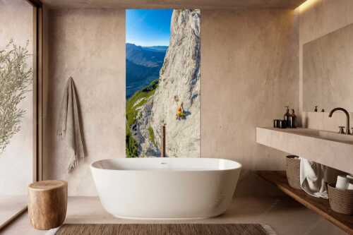 Michael Pogrzeba an der Schlüsselstelle in der Route -die Kür- an der Gerber Südwand im Karwendel - Crux an der Kür - Größe ca. 100x200cm, Seitenverhältnis 1:2 - Klettern Gerber Südwand Karwendel - weitere Infos unter https://www.kriner-weiermann.de