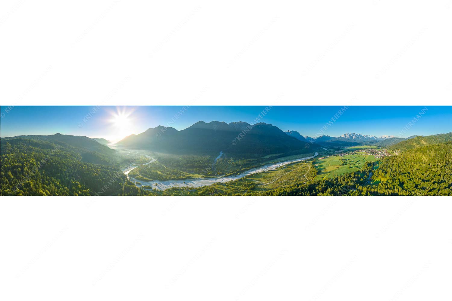 Das Obere Isartal III – Seitenverhältnis 5:1 — Isar Sonnenaufgang Vorderriß Wallgau Blick über die Isar, Wallgau und Krün zum Karwendel- Wetterstein- und Estergebirge