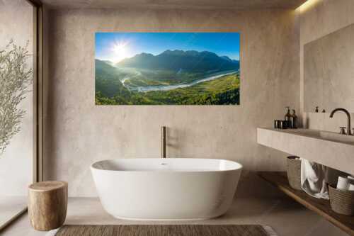 Blick über die Isar, Wallgau und Krün zum Karwendel- Wetterstein- und Estergebirge - Das Obere Isartal III - Größe ca. 180x90cm, Seitenverhältnis 2:1 - Isar Sonnenaufgang Vorderriß Wallgau - weitere Infos unter https://www.kriner-weiermann.de