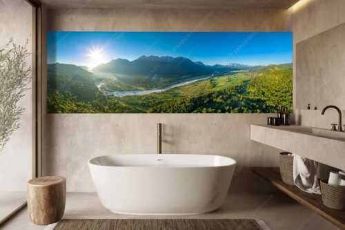Blick über die Isar, Wallgau und Krün zum Karwendel- Wetterstein- und Estergebirge - Das Obere Isartal III - Größe ca. 300x100cm, Seitenverhältnis 3:1 - Isar Sonnenaufgang Vorderriß Wallgau - weitere Infos unter https://www.kriner-weiermann.de