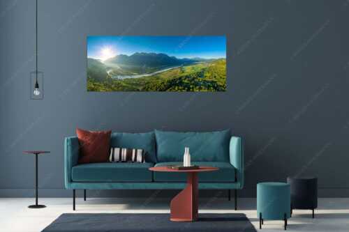 Blick über die Isar, Wallgau und Krün zum Karwendel- Wetterstein- und Estergebirge - Das Obere Isartal III - Größe ca. 175x70cm, Seitenverhältnis 2,5:1 - Isar Sonnenaufgang Vorderriß Wallgau - weitere Infos unter https://www.kriner-weiermann.de