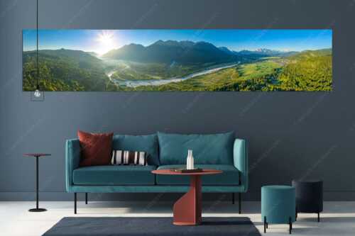 Blick über die Isar, Wallgau und Krün zum Karwendel- Wetterstein- und Estergebirge - Das Obere Isartal III - Größe ca. 350x70cm, Seitenverhältnis 5:1 - Isar Sonnenaufgang Vorderriß Wallgau - weitere Infos unter https://www.kriner-weiermann.de