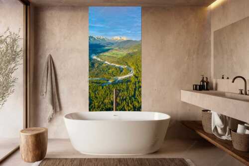 Blick über die Isar, Wallgau und Krün zum Wettersteingebirge - Das Obere Isartal - Größe ca. 100x200cm, Seitenverhältnis 1:2 - Isar mit Wallgau Krün und Wetterstein - weitere Infos unter https://www.kriner-weiermann.de