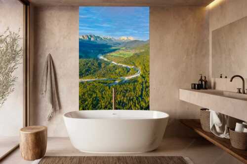 Blick über die Isar, Wallgau und Krün zum Wettersteingebirge - Das Obere Isartal - Größe ca. 160x240cm, Seitenverhältnis 2:3 - Isar mit Wallgau Krün und Wetterstein - weitere Infos unter https://www.kriner-weiermann.de