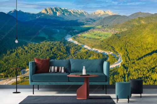 Blick über die Isar, Wallgau und Krün zum Wettersteingebirge - Das Obere Isartal - Größe ca. 400x200cm, Seitenverhältnis 2:1 - Isar mit Wallgau Krün und Wetterstein - weitere Infos unter https://www.kriner-weiermann.de