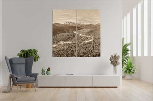 Blick über die Isar, Wallgau und Krün zum Wettersteingebirge - Das Obere Isartal - 4er Split, Größe ca. 180x180cm, Seitenverhältnis 1:1 - Isar mit Wallgau Krün und Wetterstein - weitere Infos unter https://www.kriner-weiermann.de