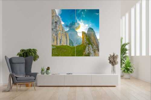Kletterer vor den Schnitlwänden im Karwendelgebirge - Demut - 4er Split, Größe ca. 180x180cm, Seitenverhältnis 1:1 - Klettern Schnitlwand im Karwendelgebirge - weitere Infos unter https://www.kriner-weiermann.de