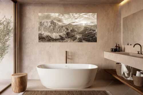 Die Sonne scheint noch kurz entlang des Hallerangers in die Nordwand der Speckkarspitze - Der Abschiedskuss - Wandbild - Größe ca. 180x90cm, Seitenverhältnis 2:1 - Speckkarspitze im Karwendel - weitere Infos unter https://www.kriner-weiermann.de